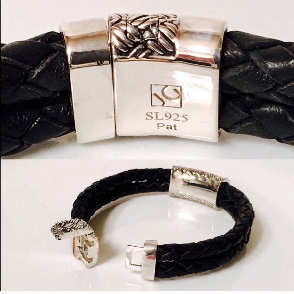 Sterling Silver Woven Black Leather Bracelet - Picture 3 of 8